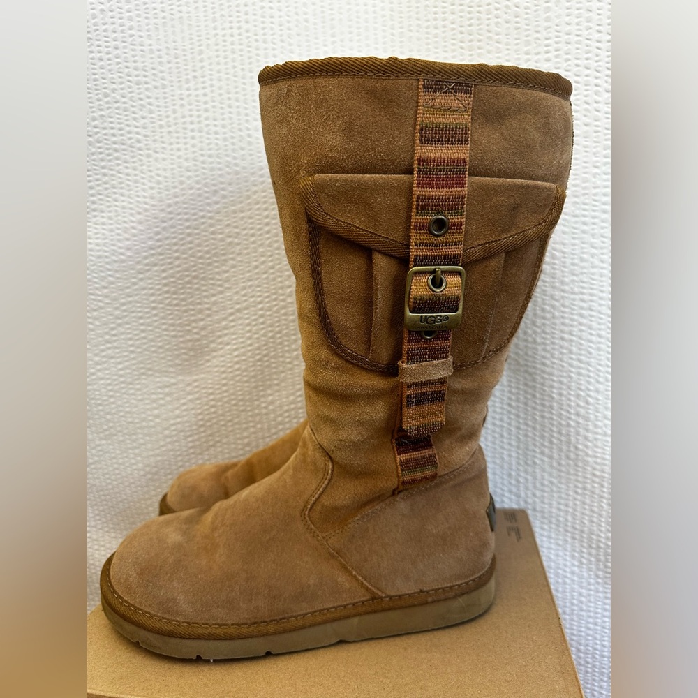 UGG Retro Cargo Tall Boots Chestnut Sheepskin Suede Winter Women’s Size 9 Y2K